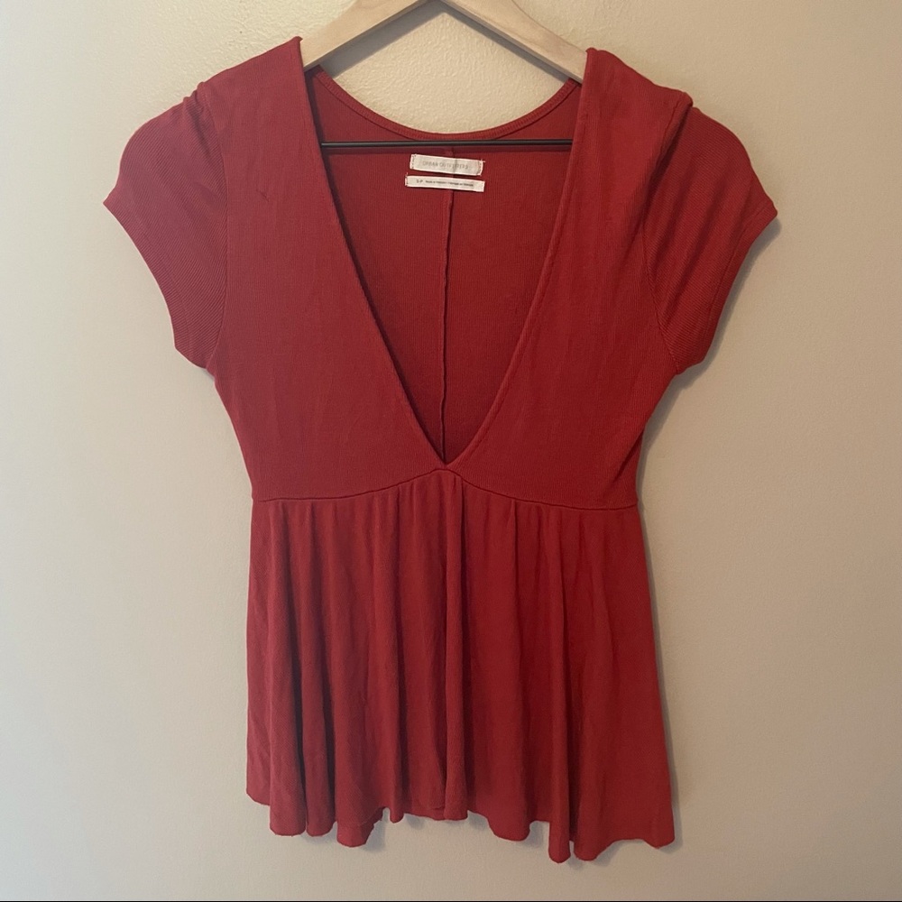 Urban Outfitters Rust Ribbed Deep V Babydoll Top